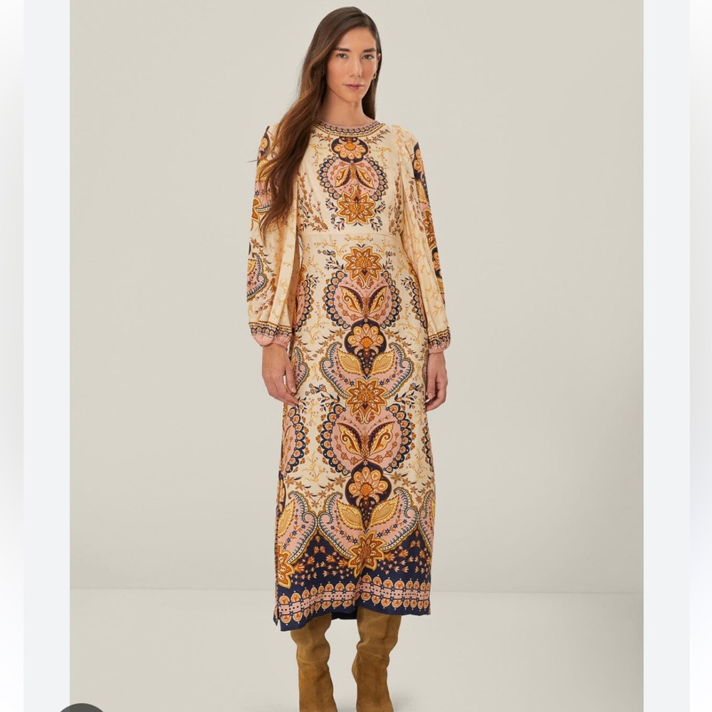 FARM Rio Beige Multi Midi Dress Boho Long Sleeve X-Small NWT